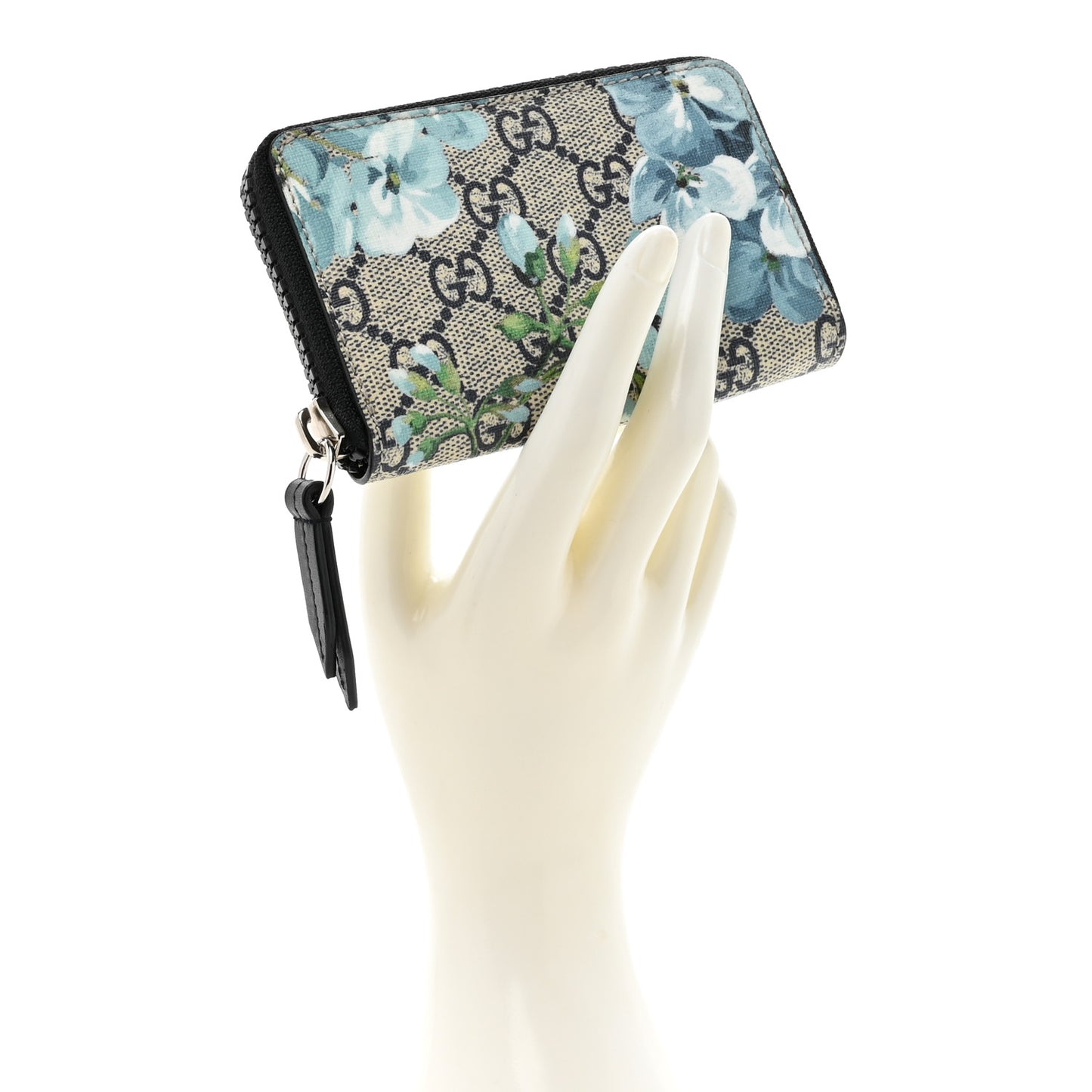 GG Supreme Monogram Blooms Zip Around Card Case Wallet Beige Blue Navy