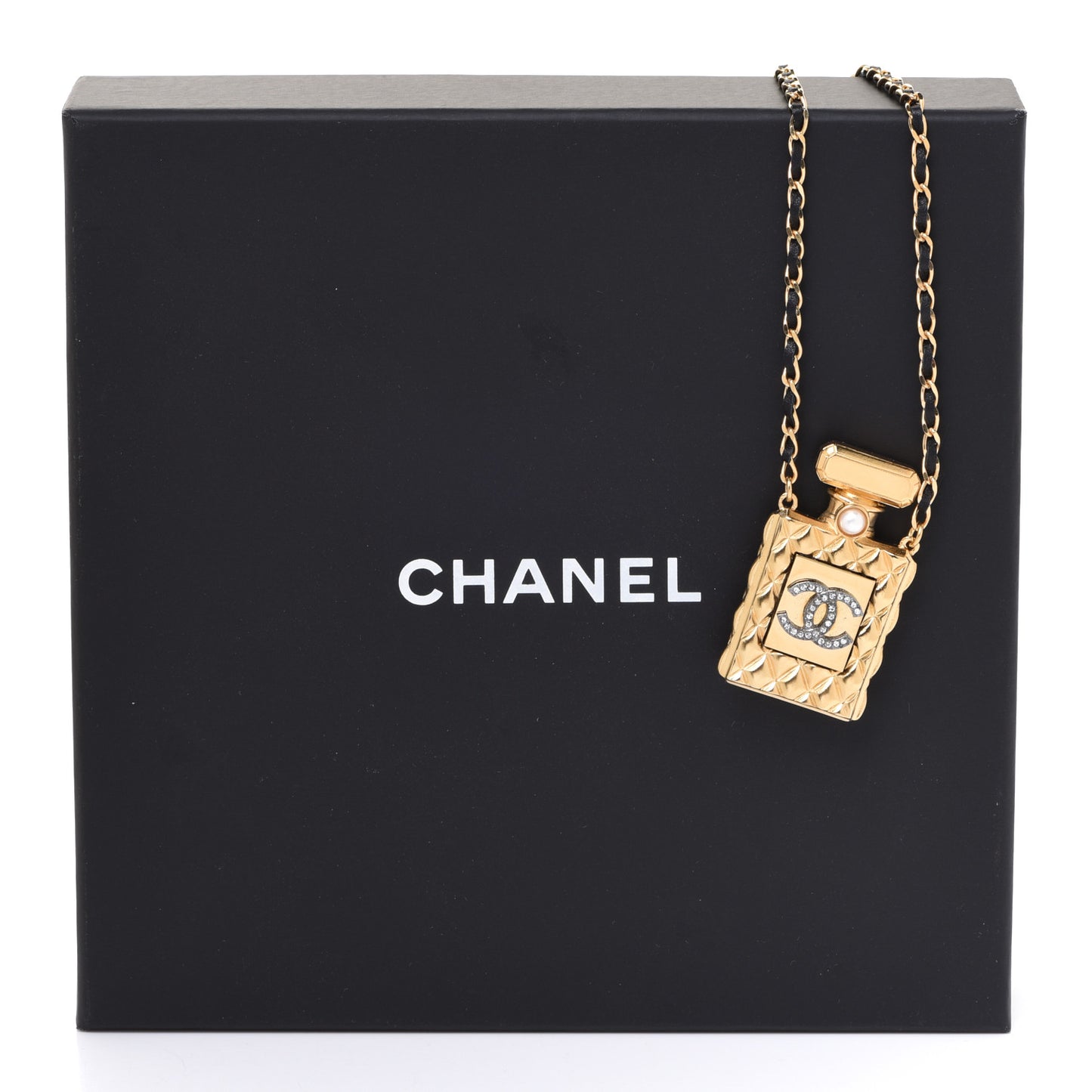 Crystal Pearl Perfume Bottle CC Necklace Black Gold