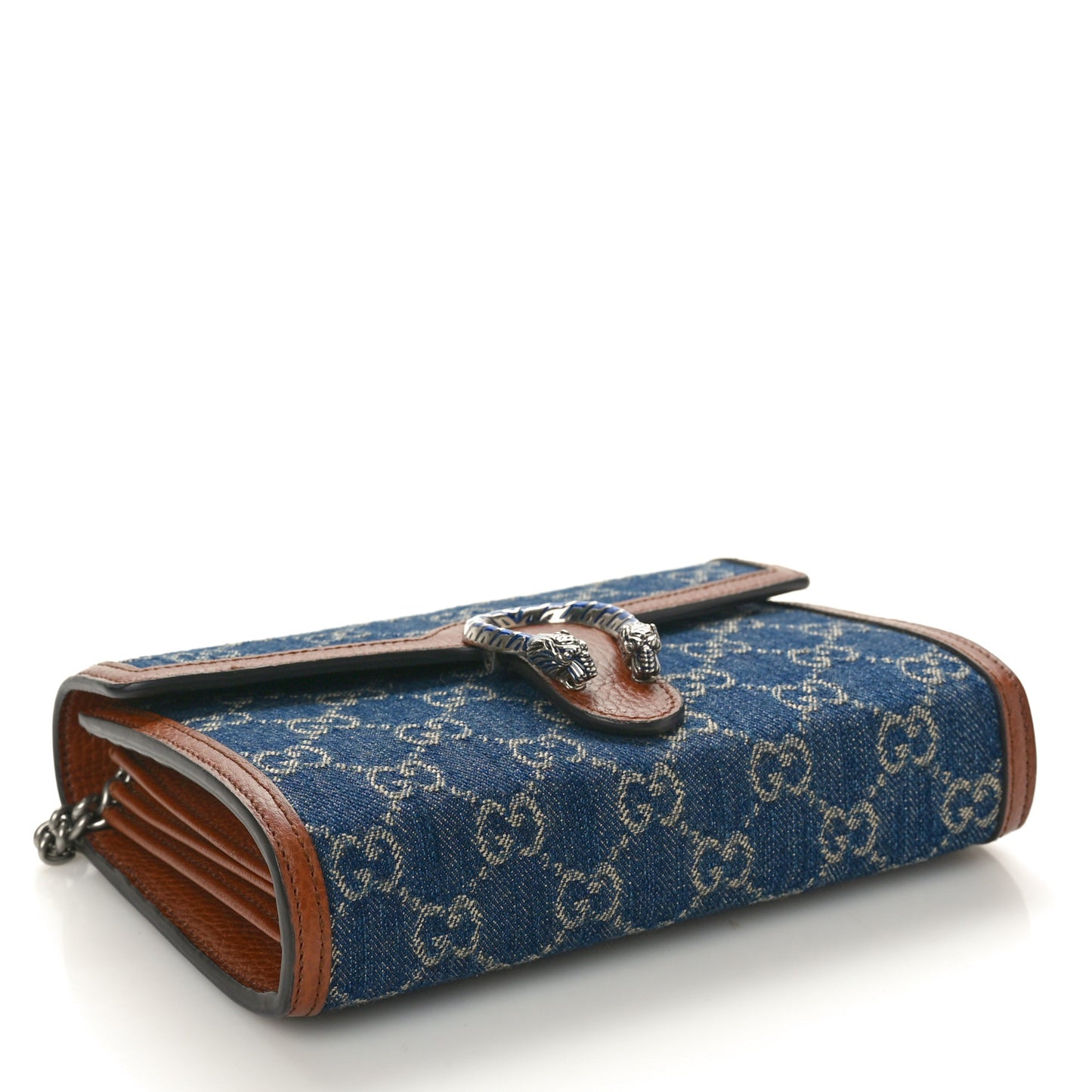 New Denim GG Monogram Dollar Calfskin Enamel Mini Dionysus Chain Wallet Blue Tea Cuir Epilog Electric Blue