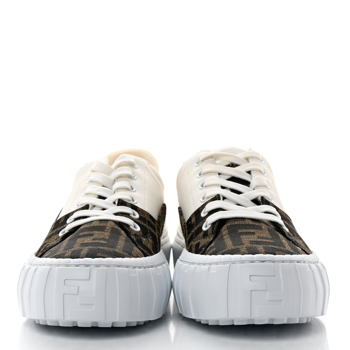 Fabric Jacquard Vitello Technical Fabric FF Womens Fendi Force Low Top Sneakers 39.5 Tobacco Black Ultrawhite White