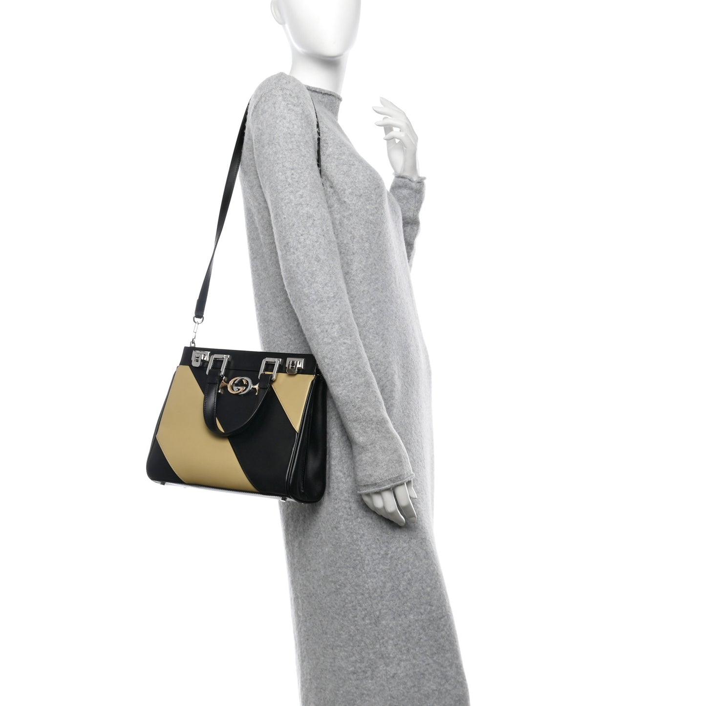 Smooth Calfskin Diagonal Striped Small Zumi Top Handle Bag Black Beige