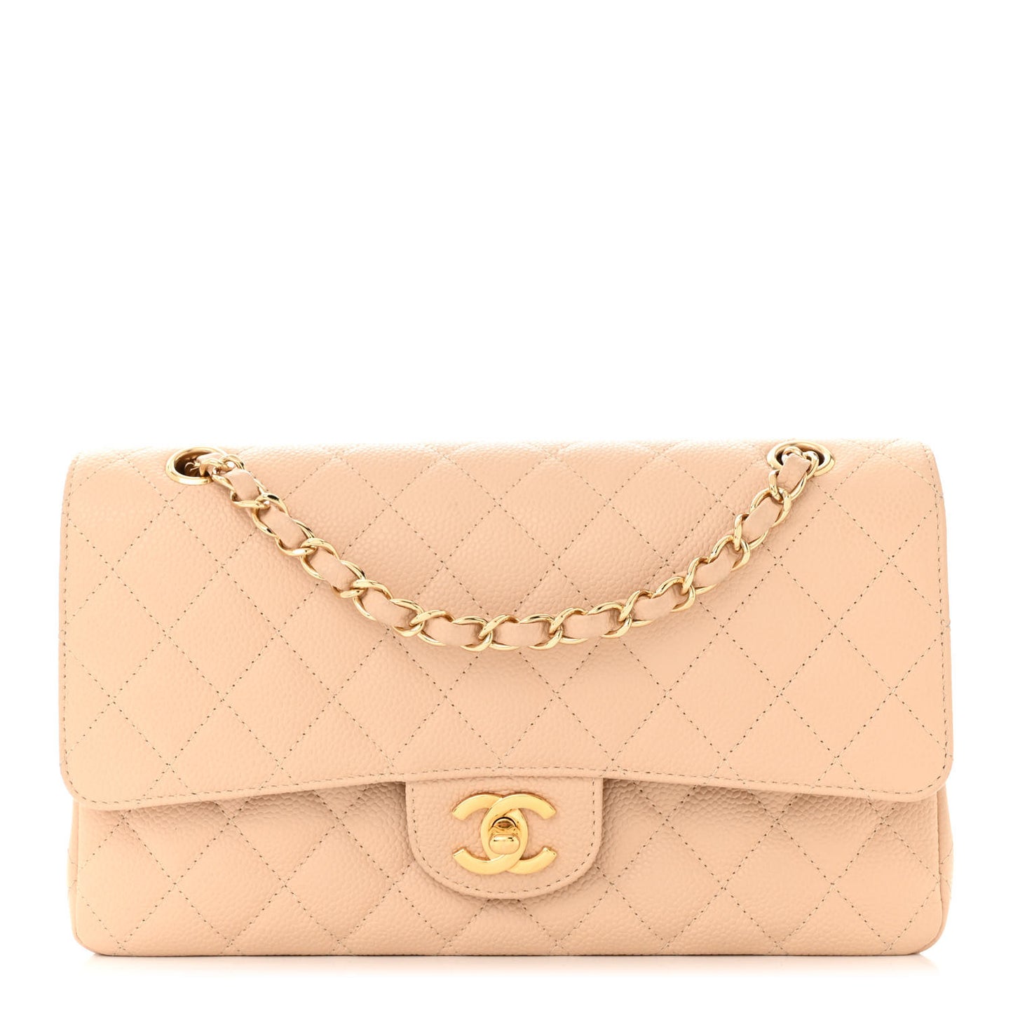 Caviar Quilted Medium Double Flap Beige