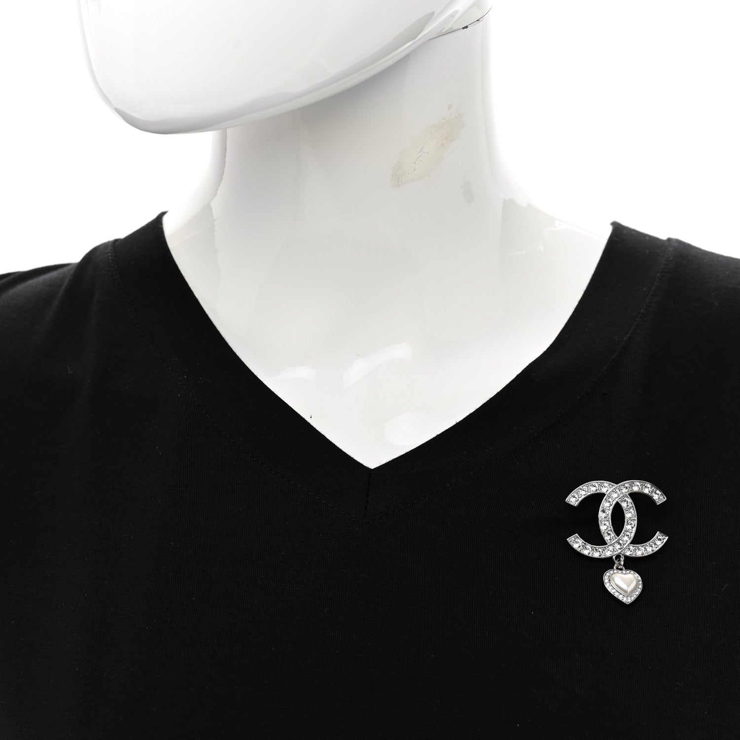 Chanel Crystal Pearl CC Heart Drop Brooch Silver 2 of 4