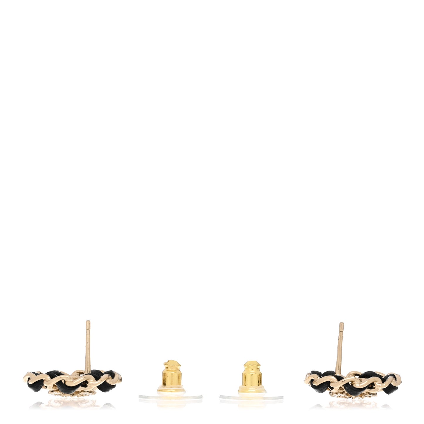 Crystal Lambskin Chain CC Stud Earrings Black Gold