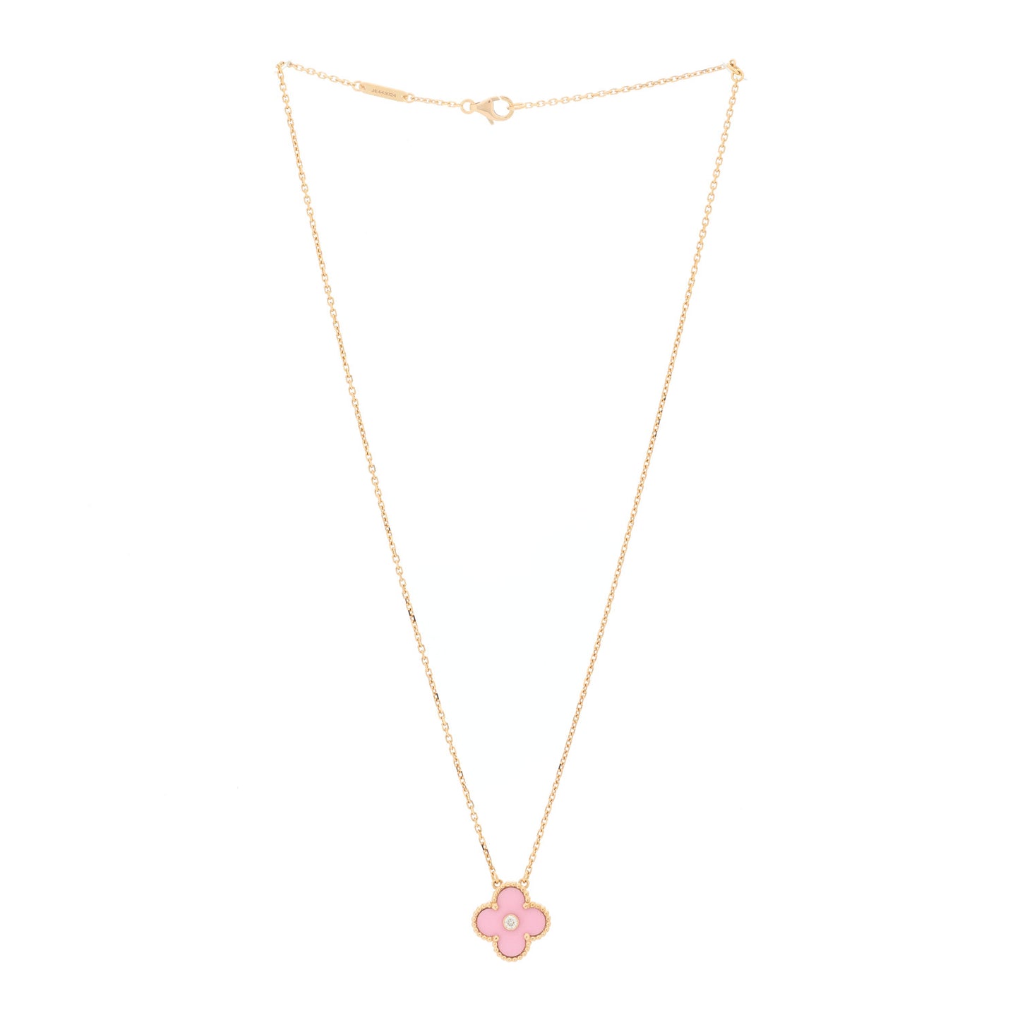 18K Rose Gold Diamond Pink Porcelain Vintage Alhambra Pendant Necklace