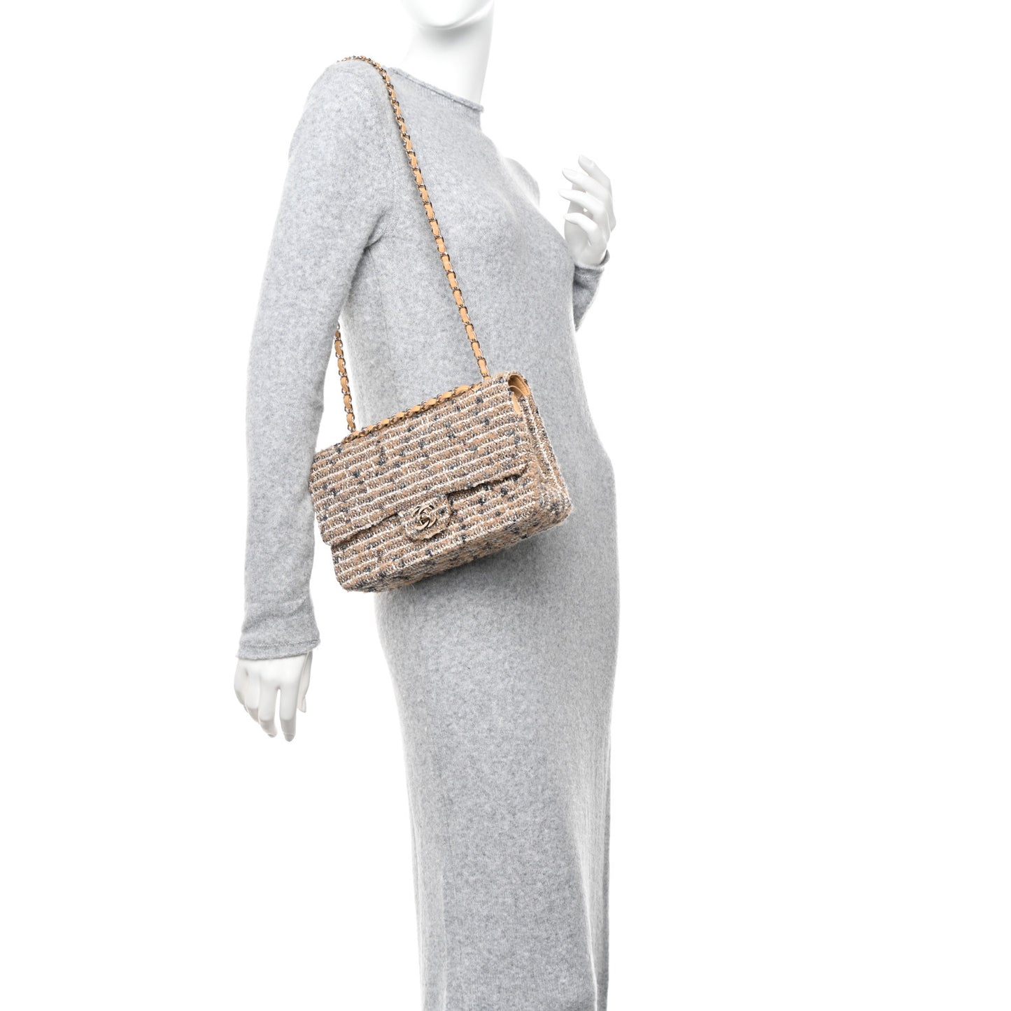Tweed Quilted Medium Double Flap Beige Gold Multicolor