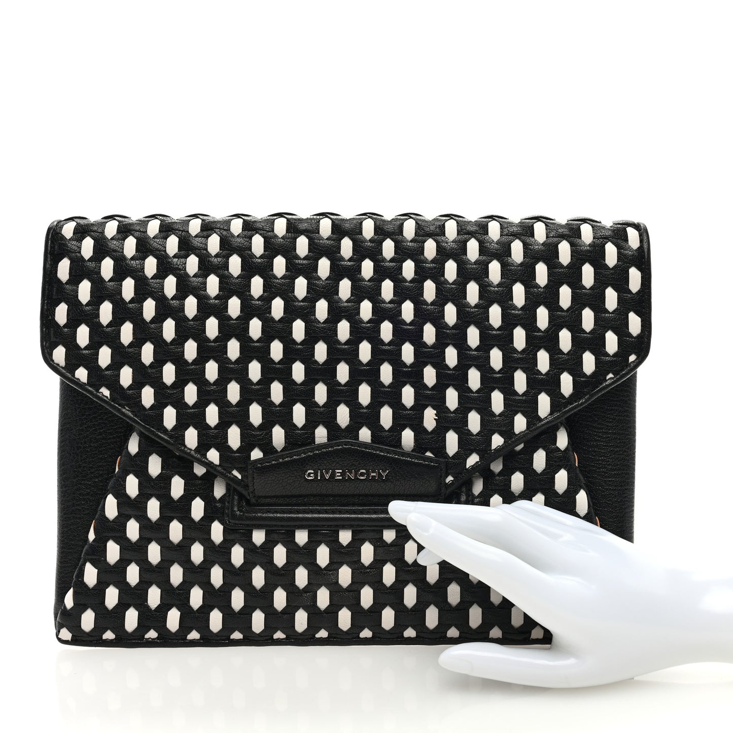 Woven Sugar Goatskin Medium Antigona Envelope Clutch Black White