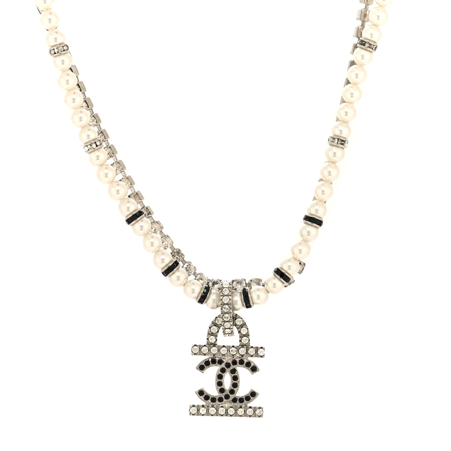 Pearl Crystal CC Choker Necklace Silver White Black