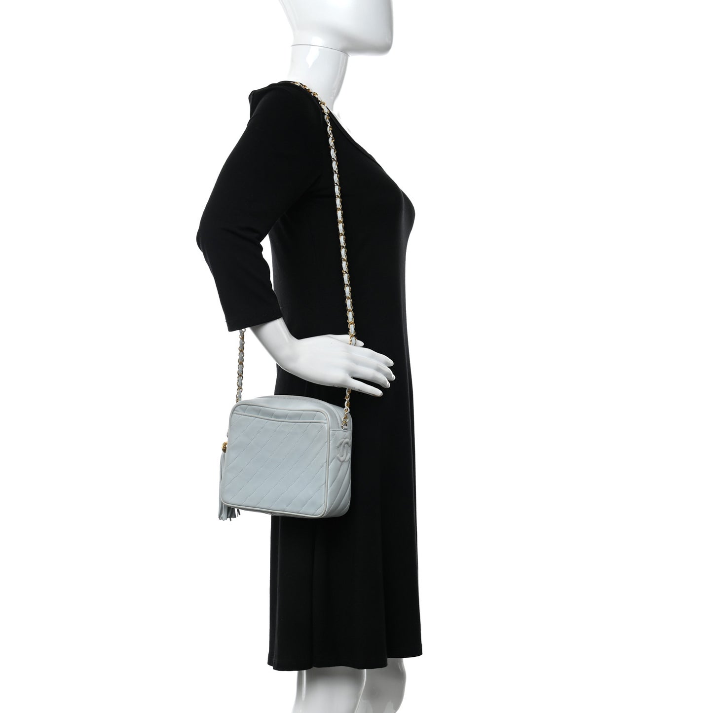 Lambskin Quilted CC Tassel Camera Case Light Blue