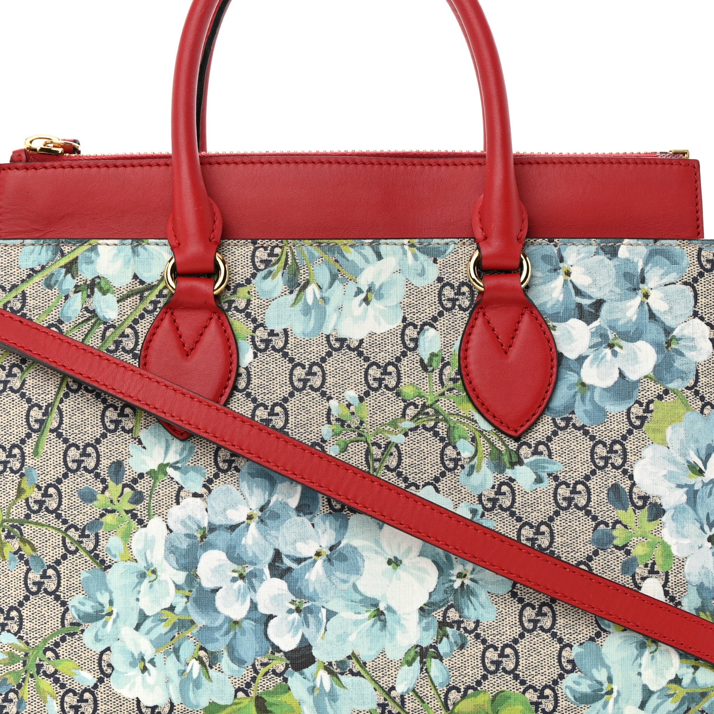 GG Supreme Monogram Blooms Medium Zip Top Tote Beige Blue Navy Hibiscus Red