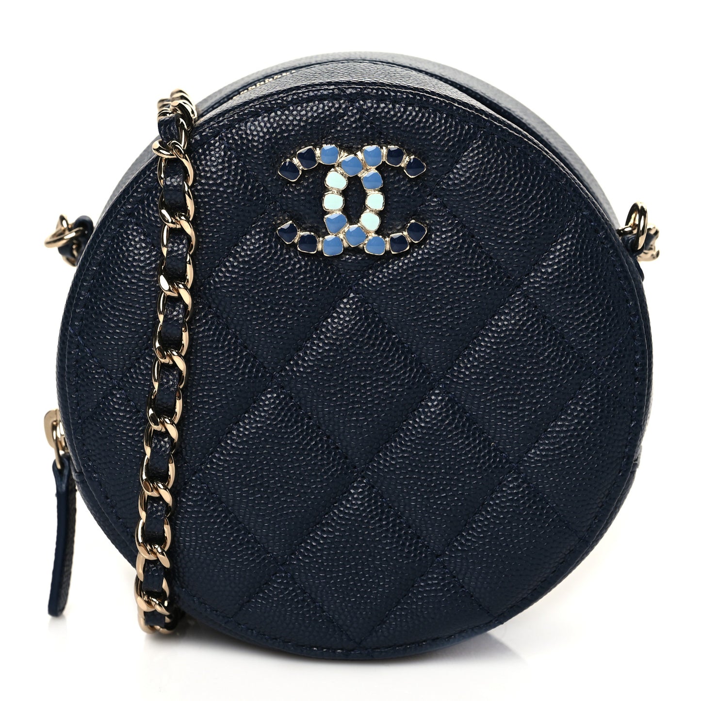 Caviar Quilted Gripoix CC Round Clutch With Chain Navy