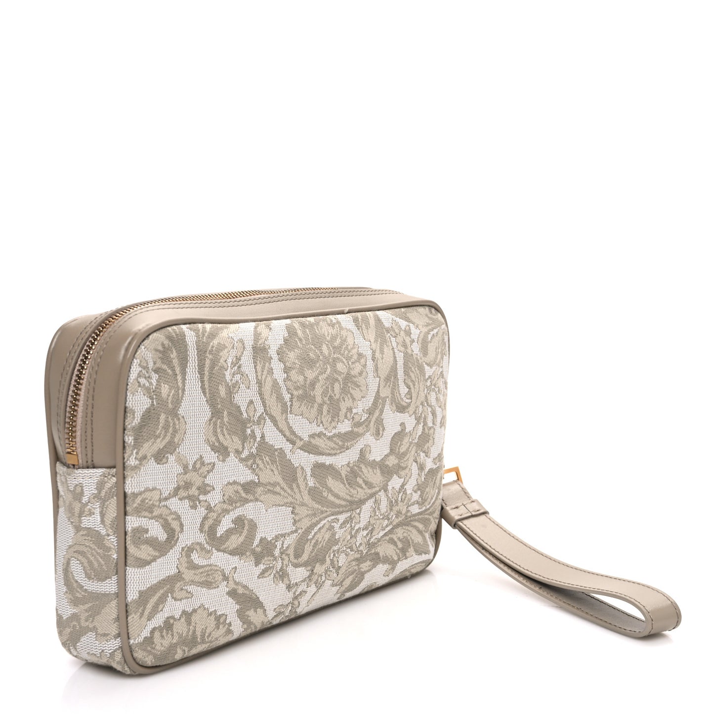 Fabric Jacquard Calfskin Barocco Wristlet Pouch Beige