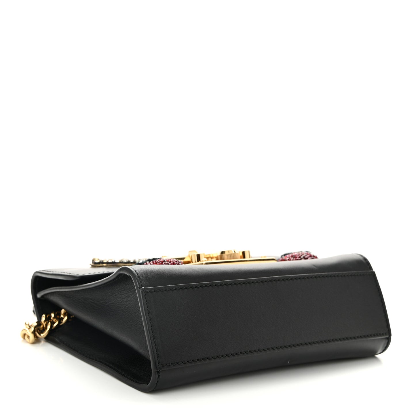 Calfskin Strawberry Embroidered Small Padlock Shoulder Bag Black