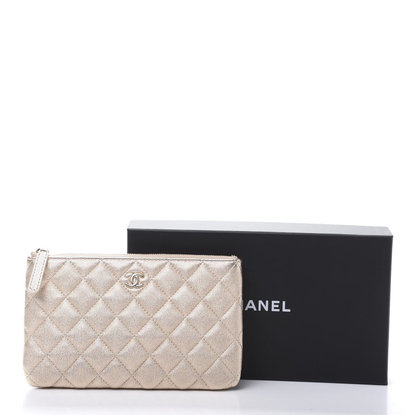 Metallic Lambskin Quilted Cosmetic Pouch Gold