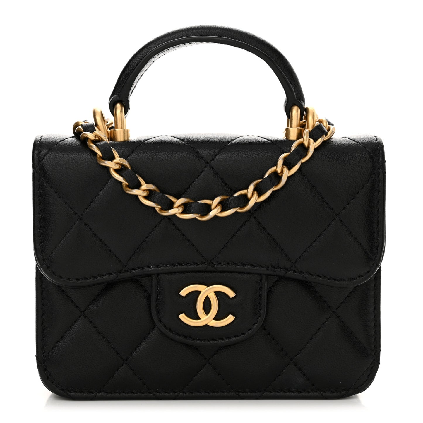 Lambskin Quilted Top Handle Flap Coin Purse With Chain Black