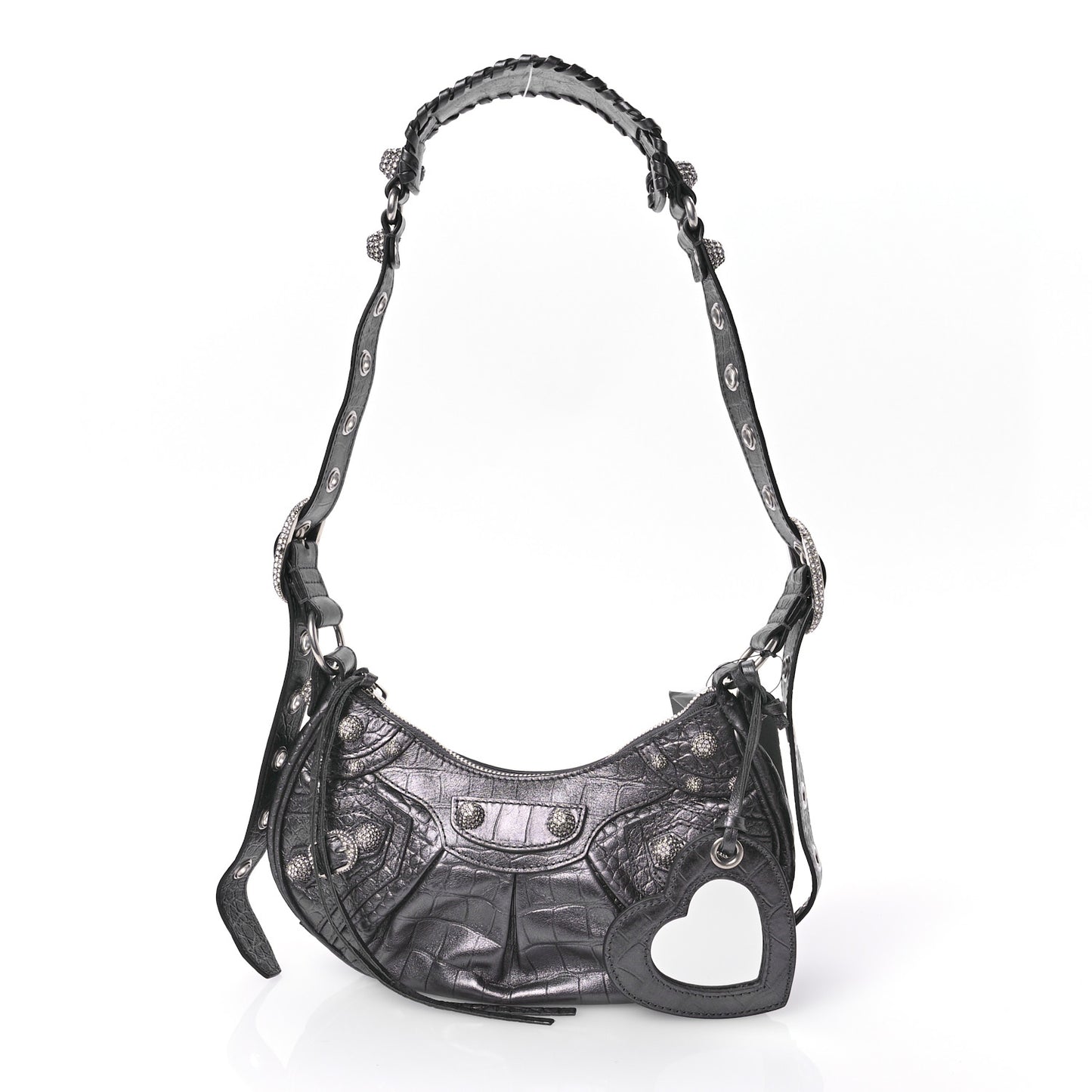 Extra Supple Calfskin Crystal Crocodile Embossed Le Cagole Shoulder Bag XS Gunmetal
