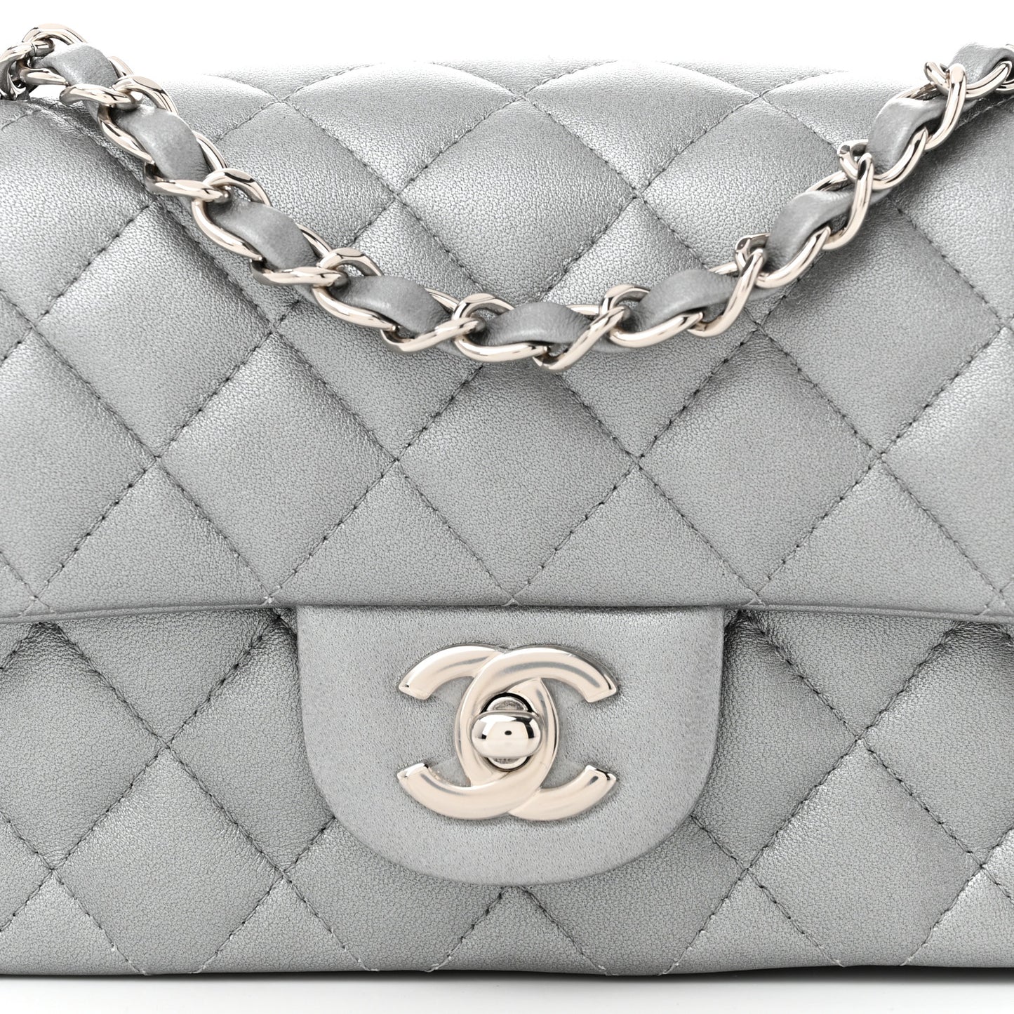 Metallic Lambskin Quilted Mini Rectangular Flap Silver