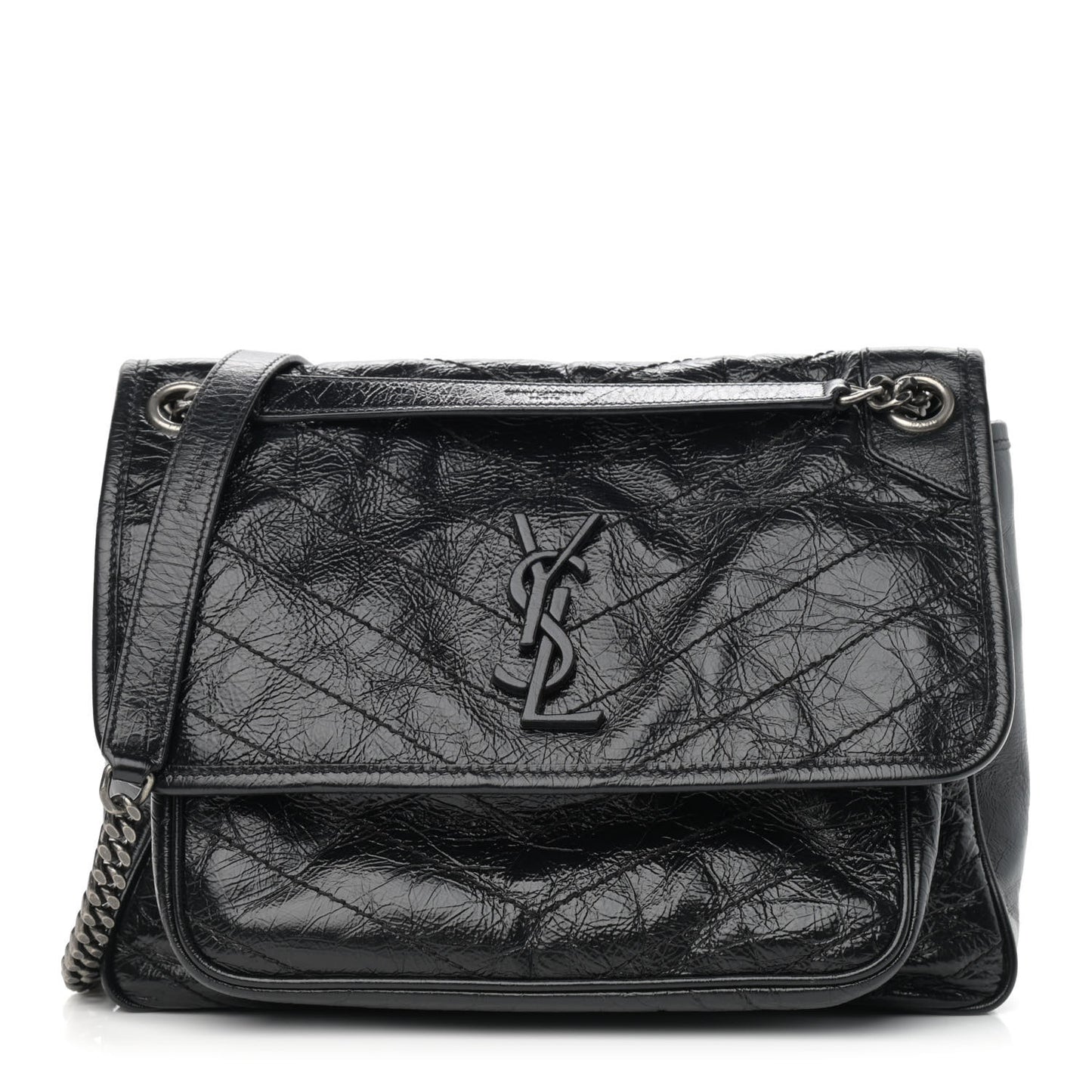 Crinkled Calfskin Matelasse Monogram Medium Niki Chain Satchel Black