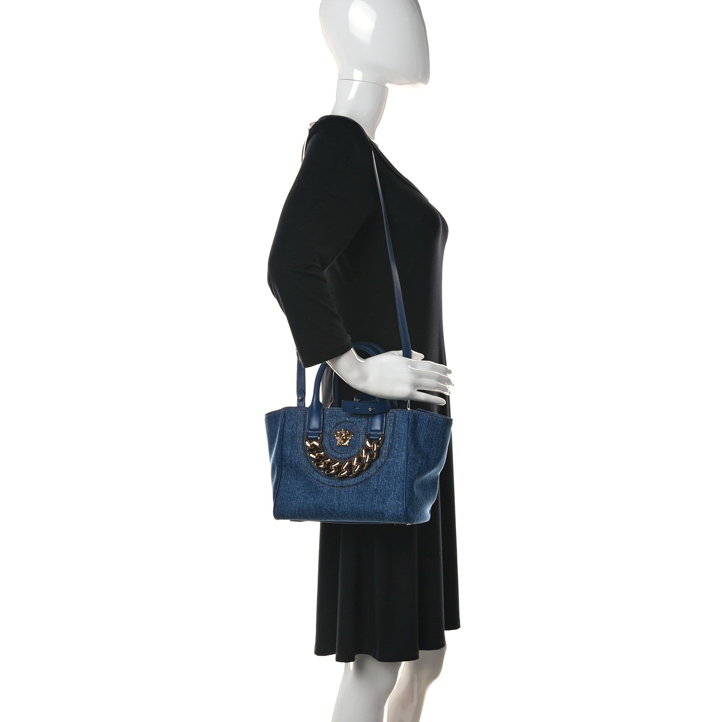 Denim Mini La Medusa Chain Tote Navy Blue