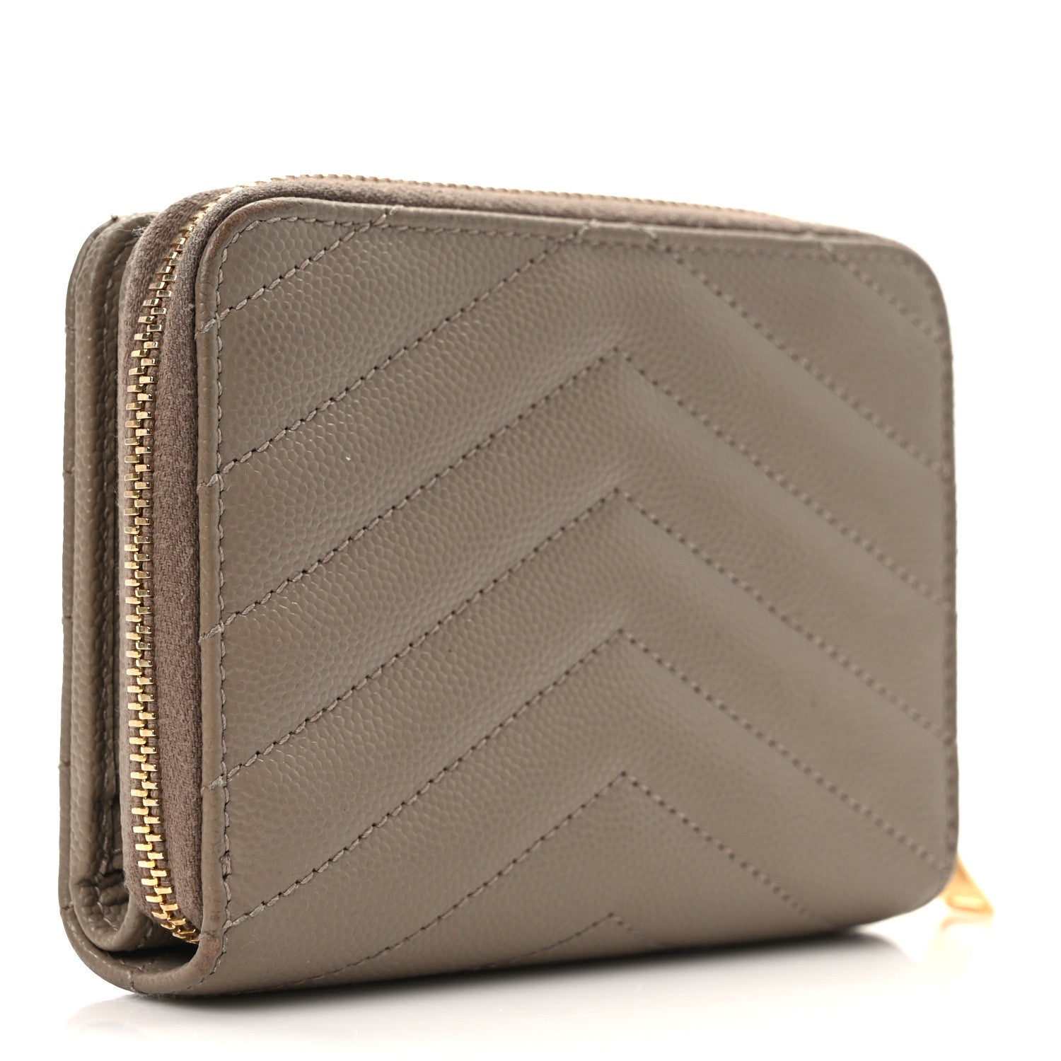 Saint Laurent Grain De Poudre Matelasse Chevron Monogram Compact Zip Around Wallet Dark Latte 3 of 8