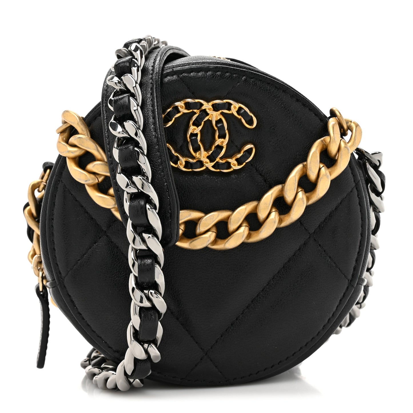Shiny Goatskin Quilted Chanel 19 Round Clutch With Chain Black