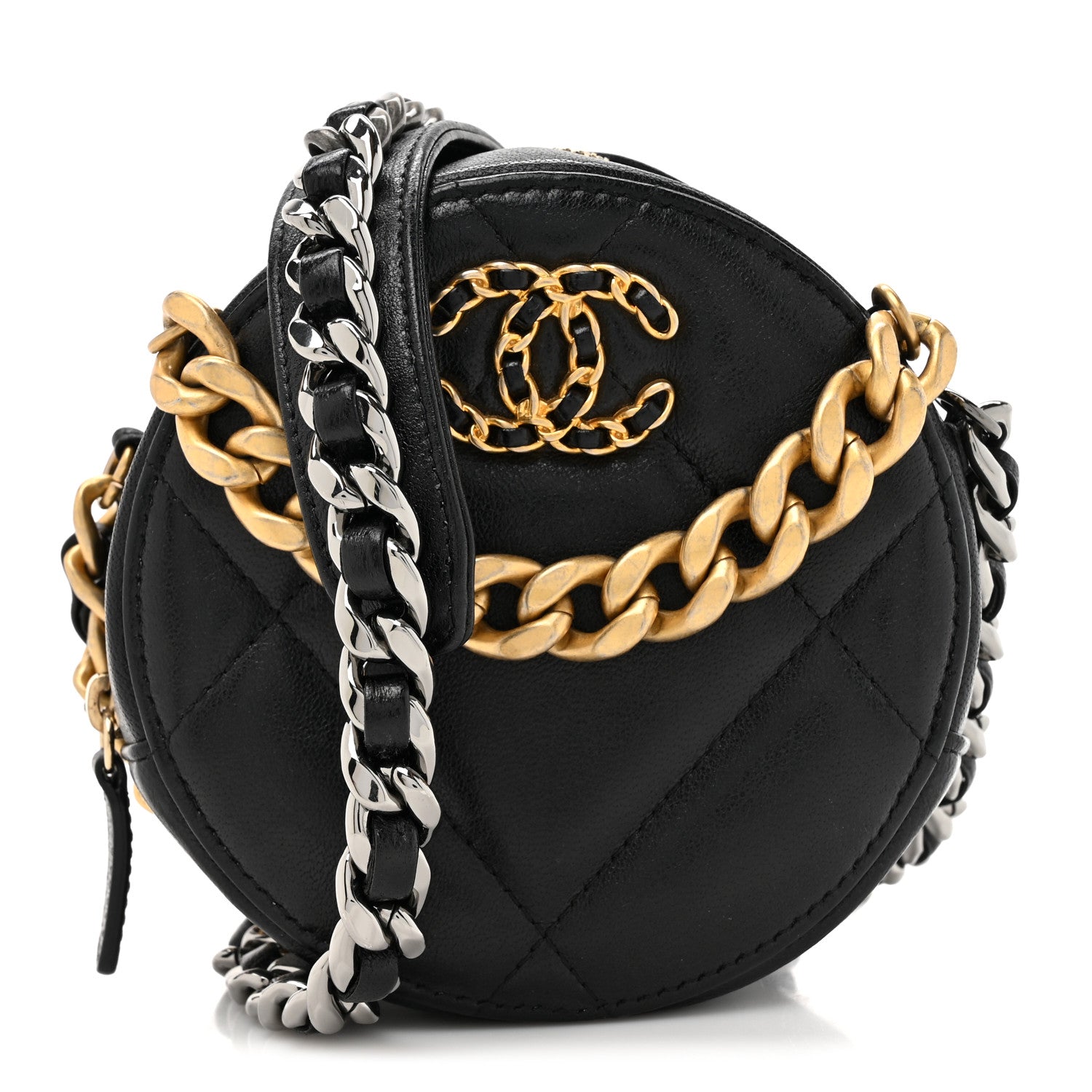Chanel Shiny Goatskin Quilted Chanel 19 Round Clutch With Chain Black 1 of 10