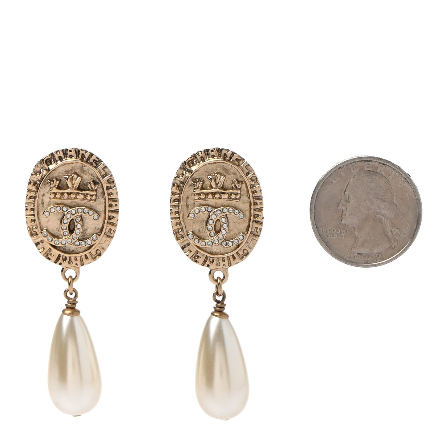 Crystal Pearl Crown CC Drop Earrings Gold