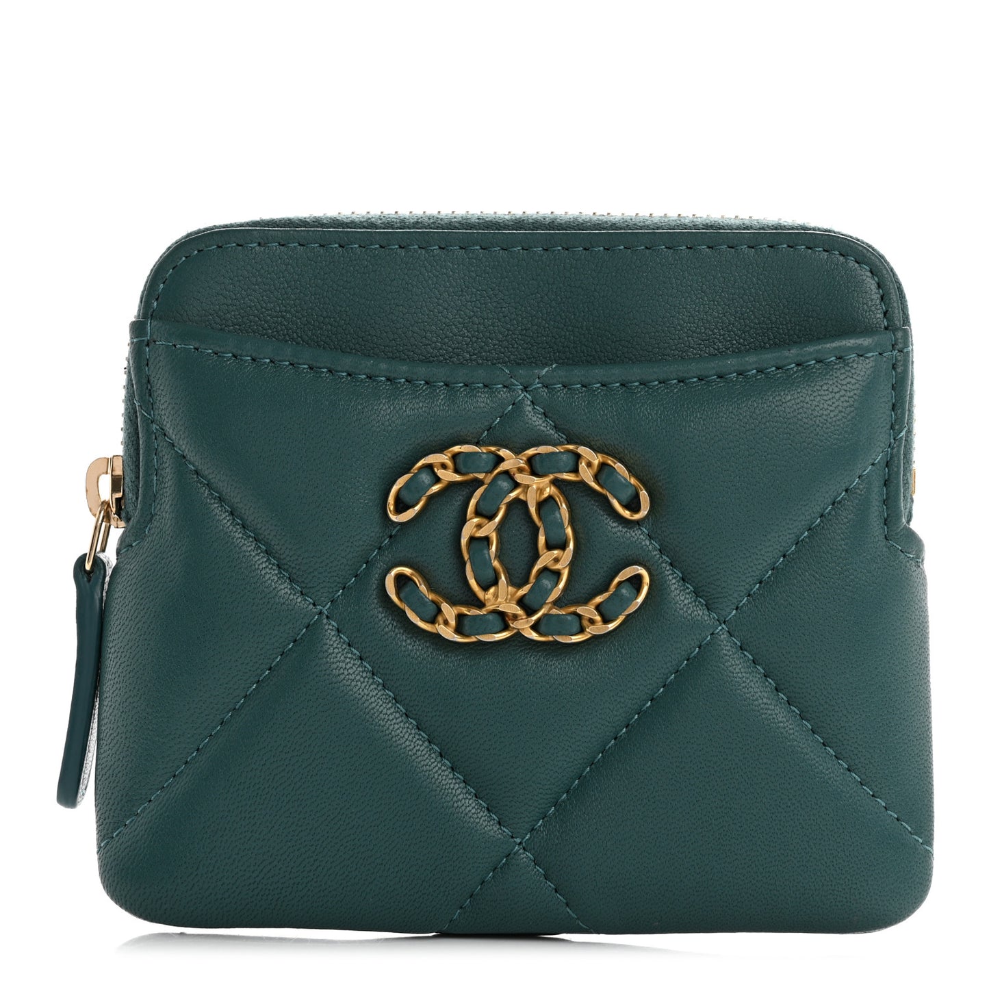 Lambskin Quilted Chanel 19 Zip Card Holder Wallet Dark Green