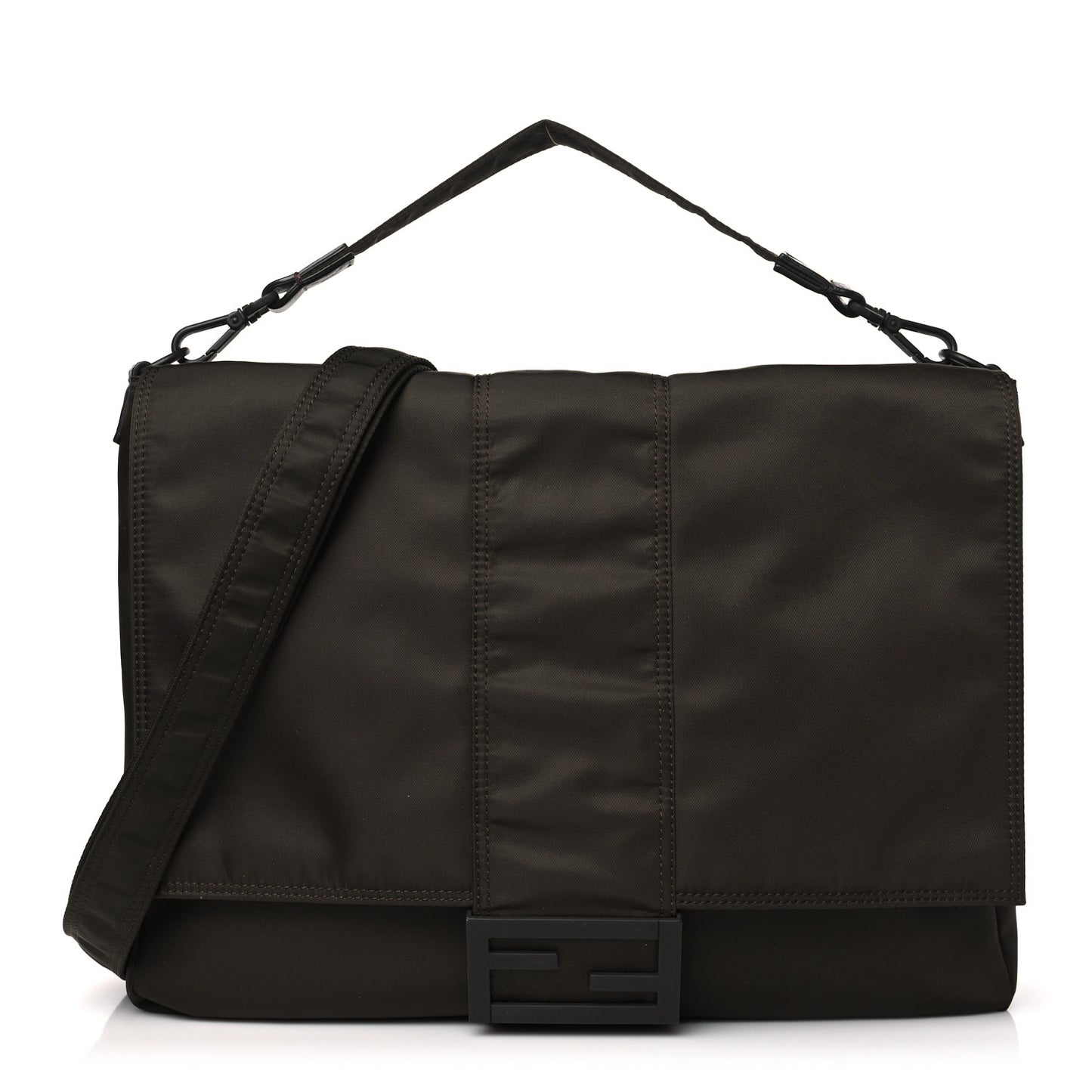 Econyl Nylon Cuoio Romano Monochrome Large Baguette Messenger Bag Ebano