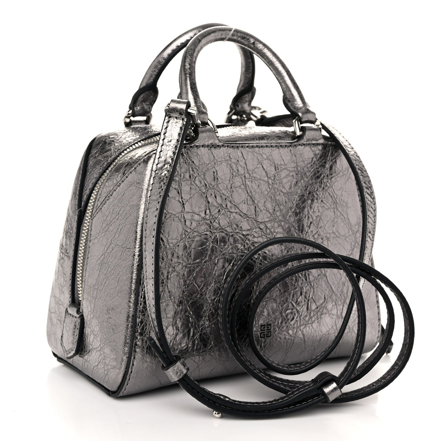 Laminated Lambskin Micro Antigona Cube Bag Silvery Grey