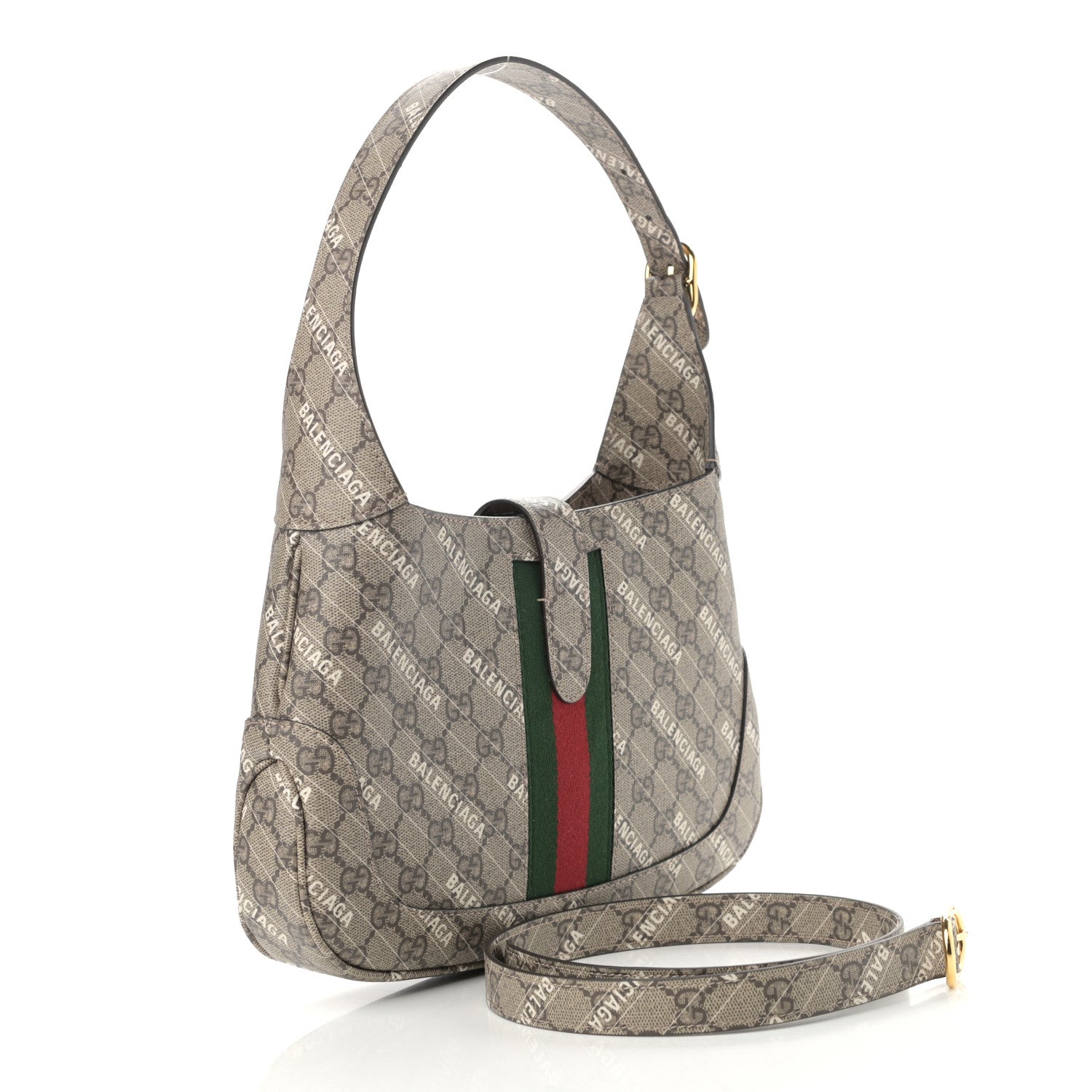 Gucci X BALENCIAGA GG Supreme Monogram Striped Logo Print Web Small Jackie 1961 Hobo Beige Ebony Mystic White 3 of 10