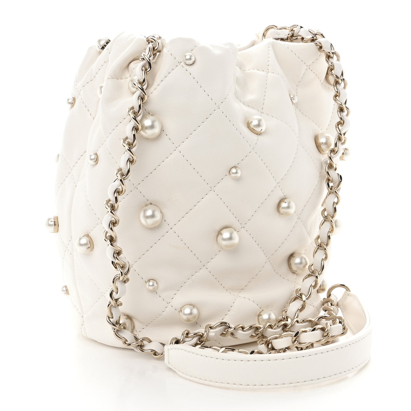 Lambskin Quilted Pearl About Pearls Drawstring Bag White