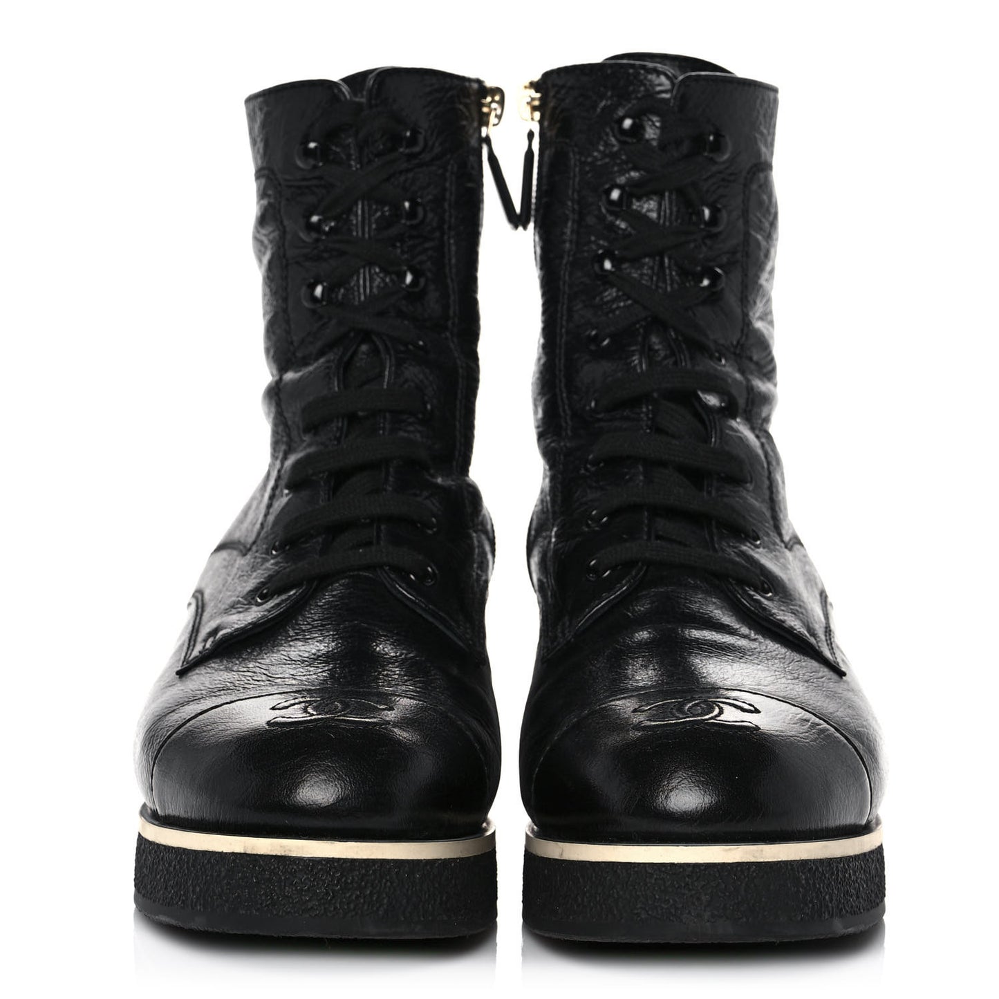 Shiny Crumpled Lambskin Lace Up Combat Boots 41.5 Black