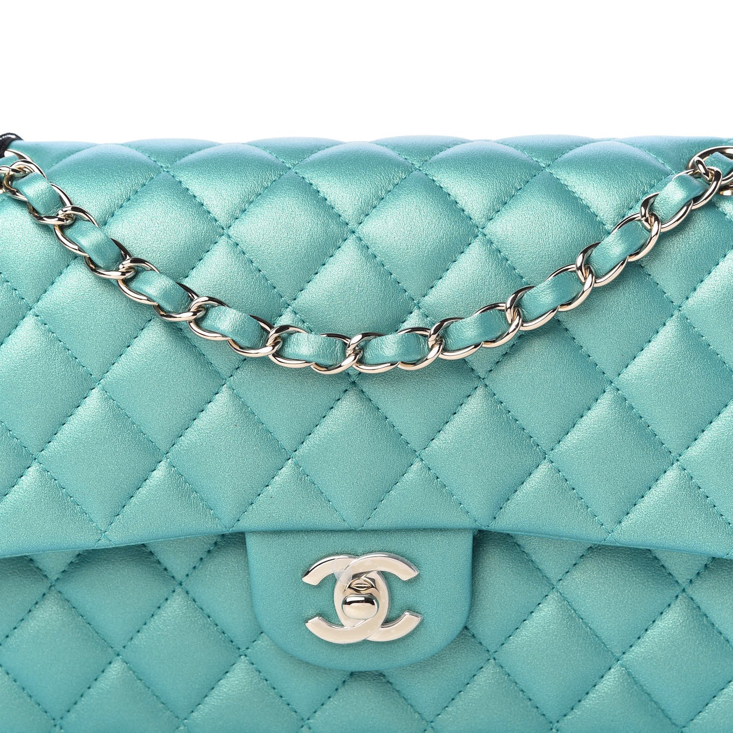 Iridescent Calfskin Quilted Medium Double Flap Green