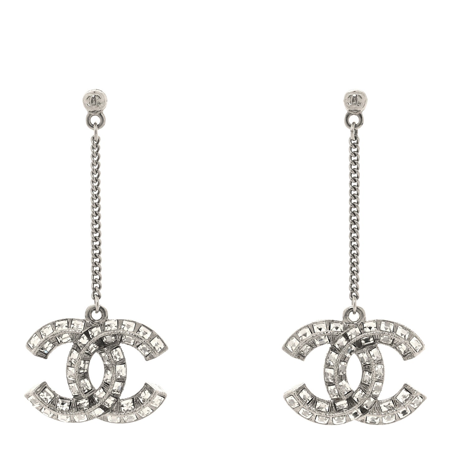 Baguette Crystal CC Drop Earrings Silver