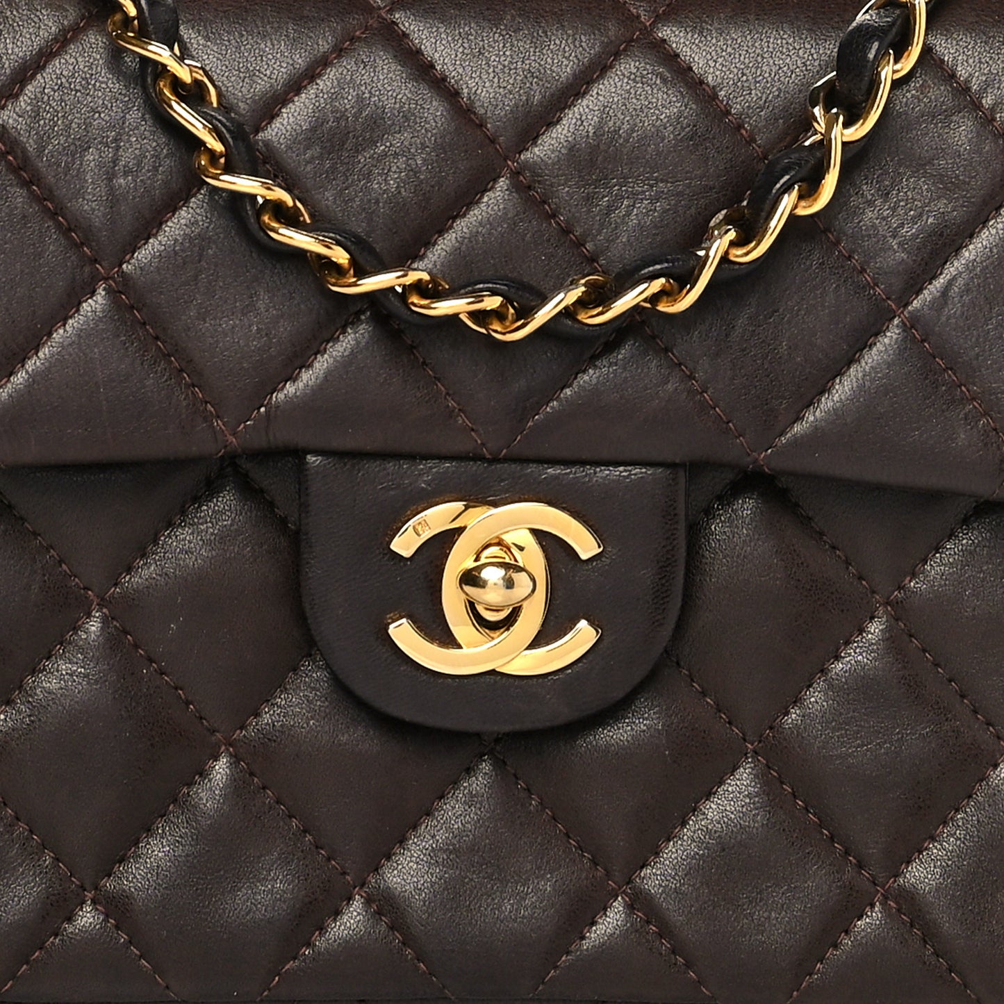 Lambskin Quilted Mini Square Flap Bag Dark Brown