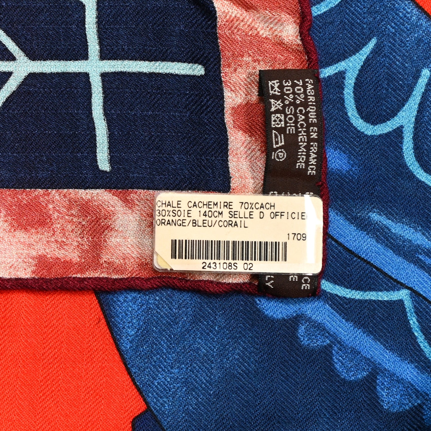 Cashmere Silk Selle D'Officier Shawl 140 Orange Bleu Corail