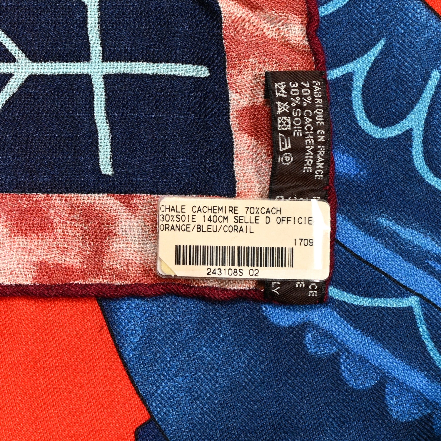 Hermes Cashmere Silk Selle D'Officier Shawl 140 Orange Bleu Corail 5 of 5