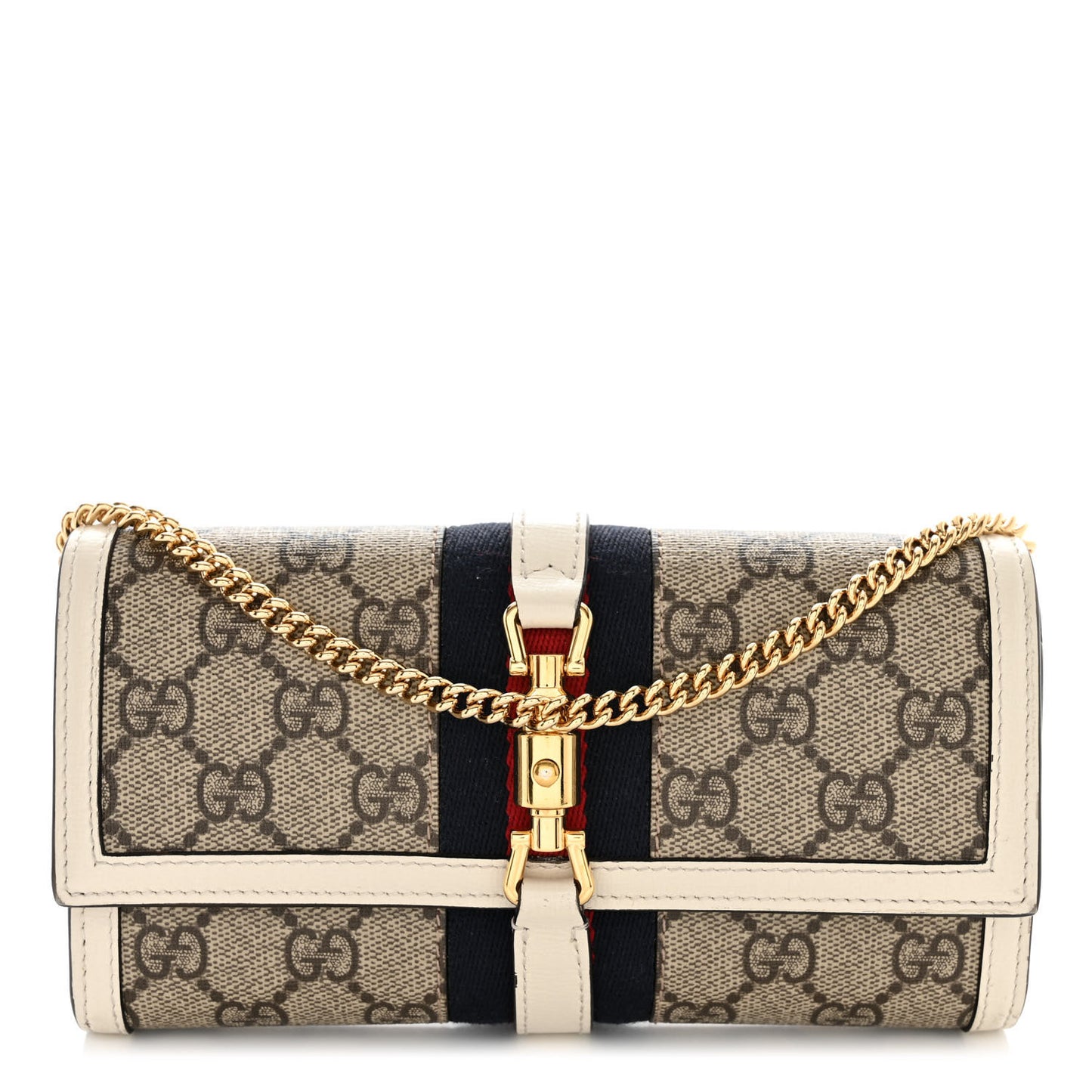 GG Supreme Monogram Textured Calfskin Web Jackie 1961 Chain Wallet Beige Ebony Mystic White