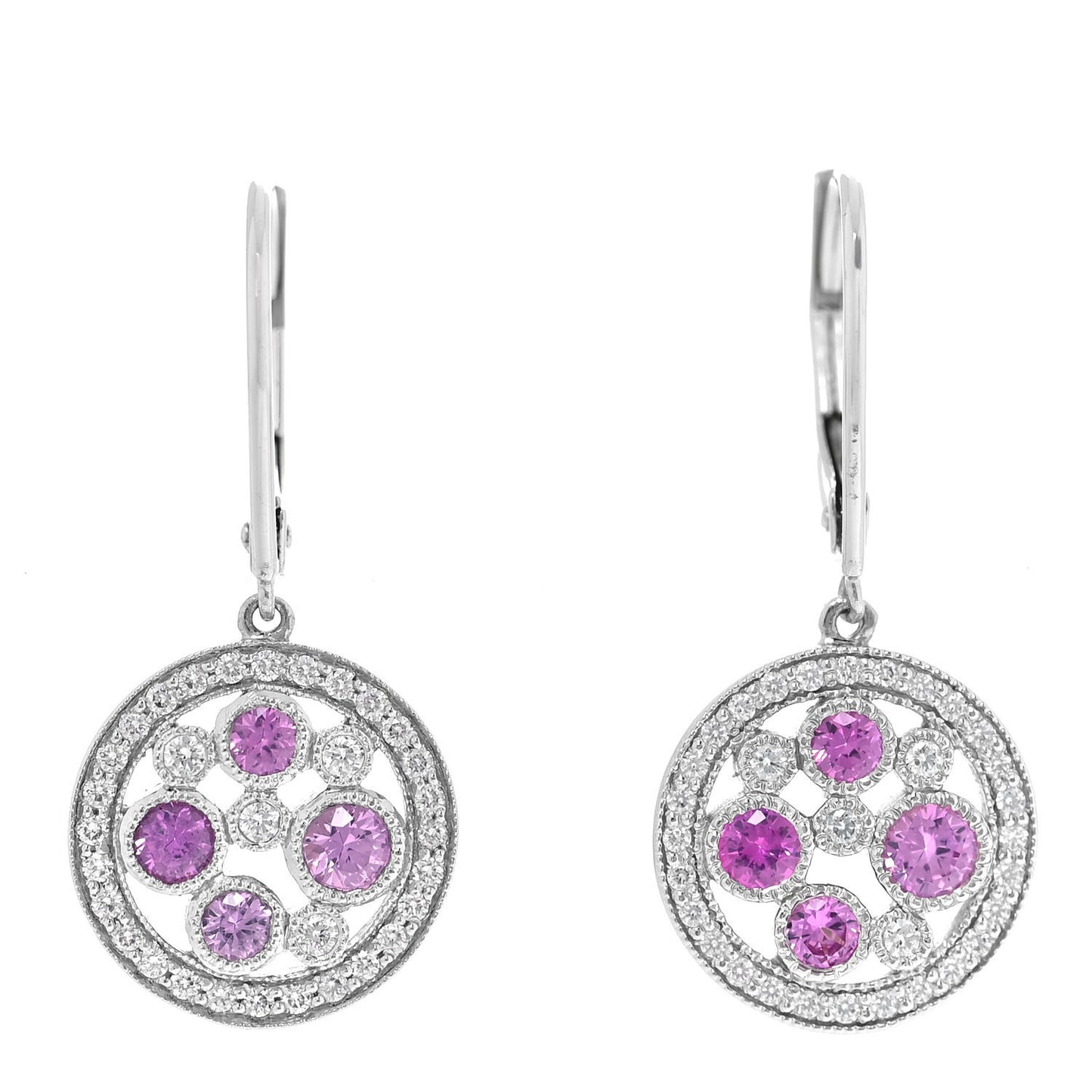 Platinum Diamond Pink Sapphire Cobblestone Drop Earrings