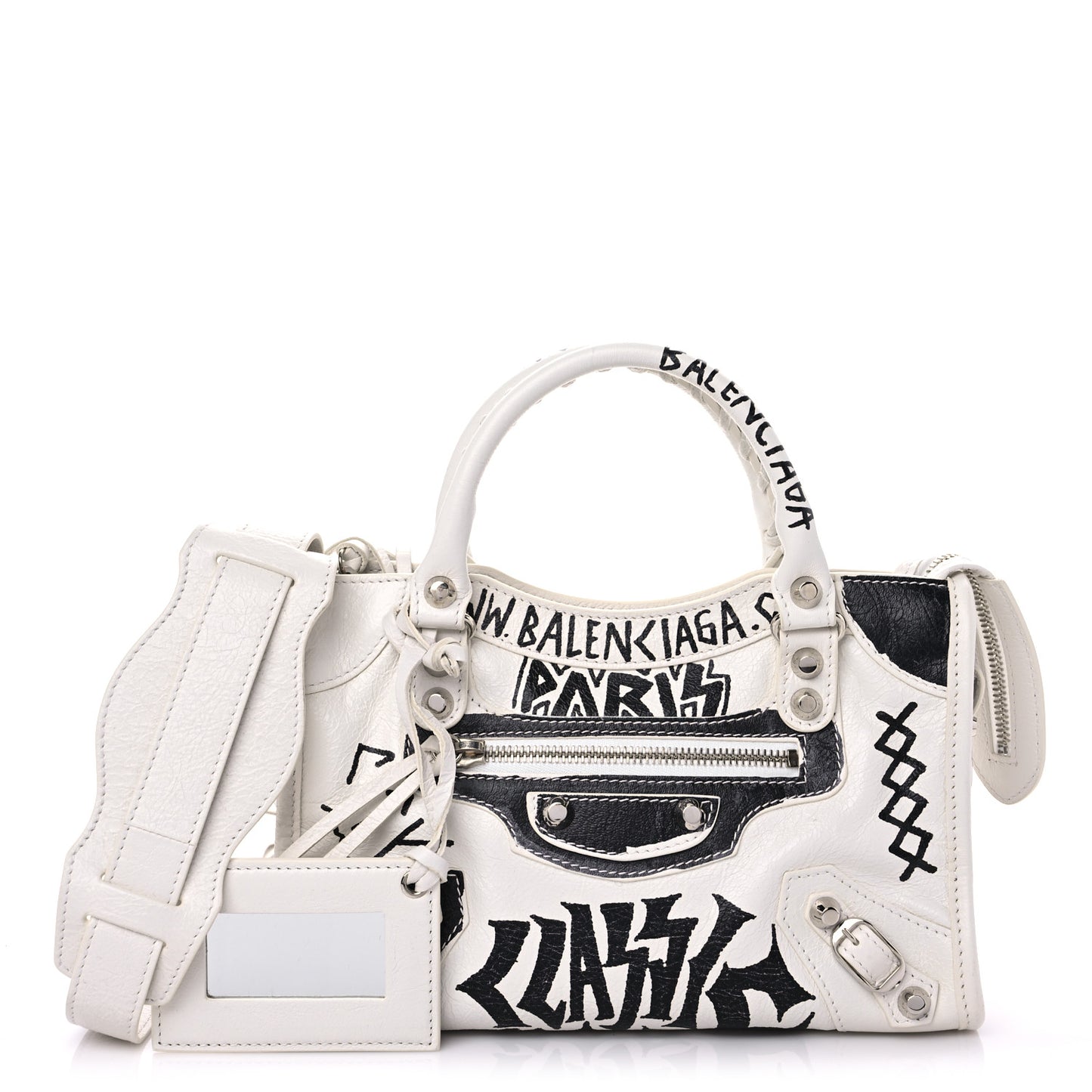 Agneau Arena Graffiti All Over Classic Silver Hardware Mini City White Black