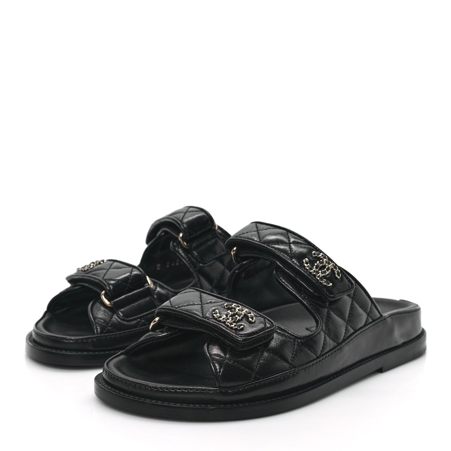 Lambskin Quilted Velcro Dad Chain CC Slide Sandals 35 Black
