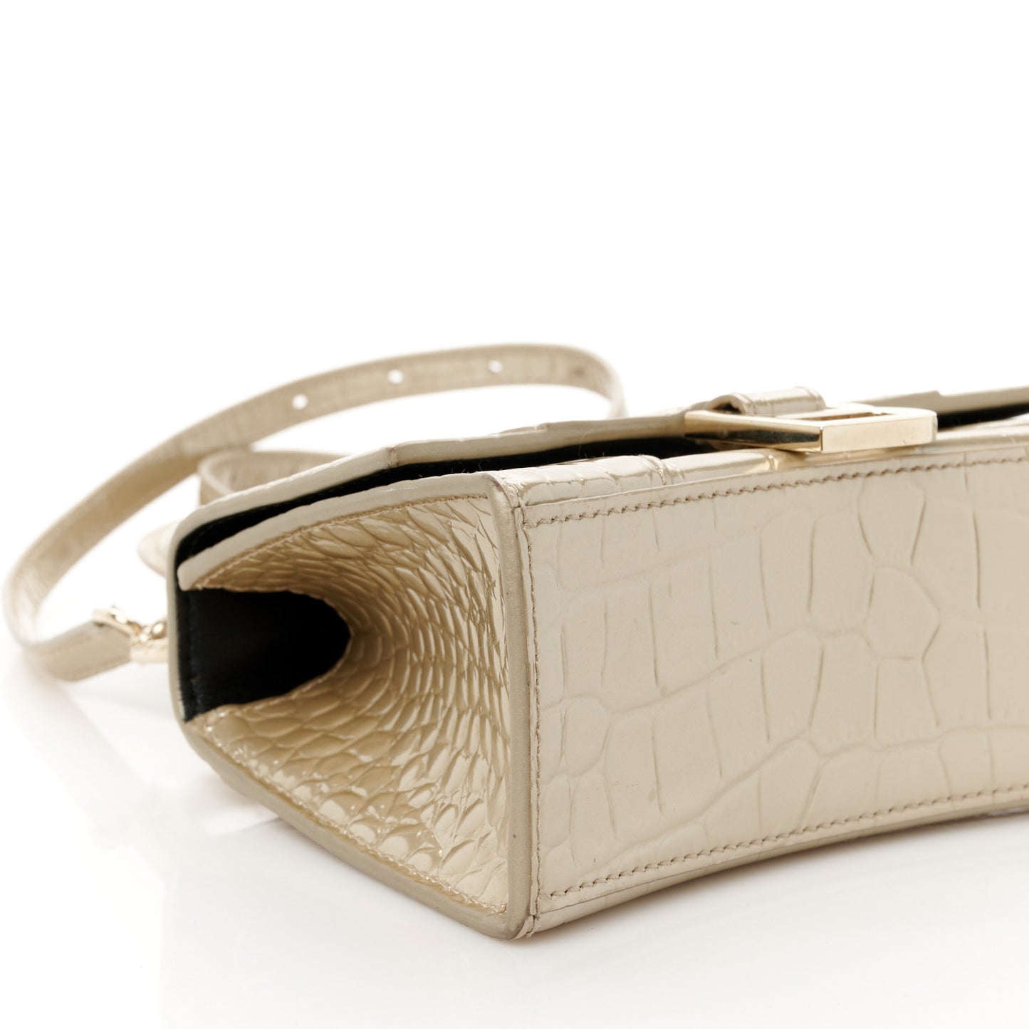 Metallic Shiny Calfskin Crocodile Embossed Hourglass Top Handle Bag XS Light Gold