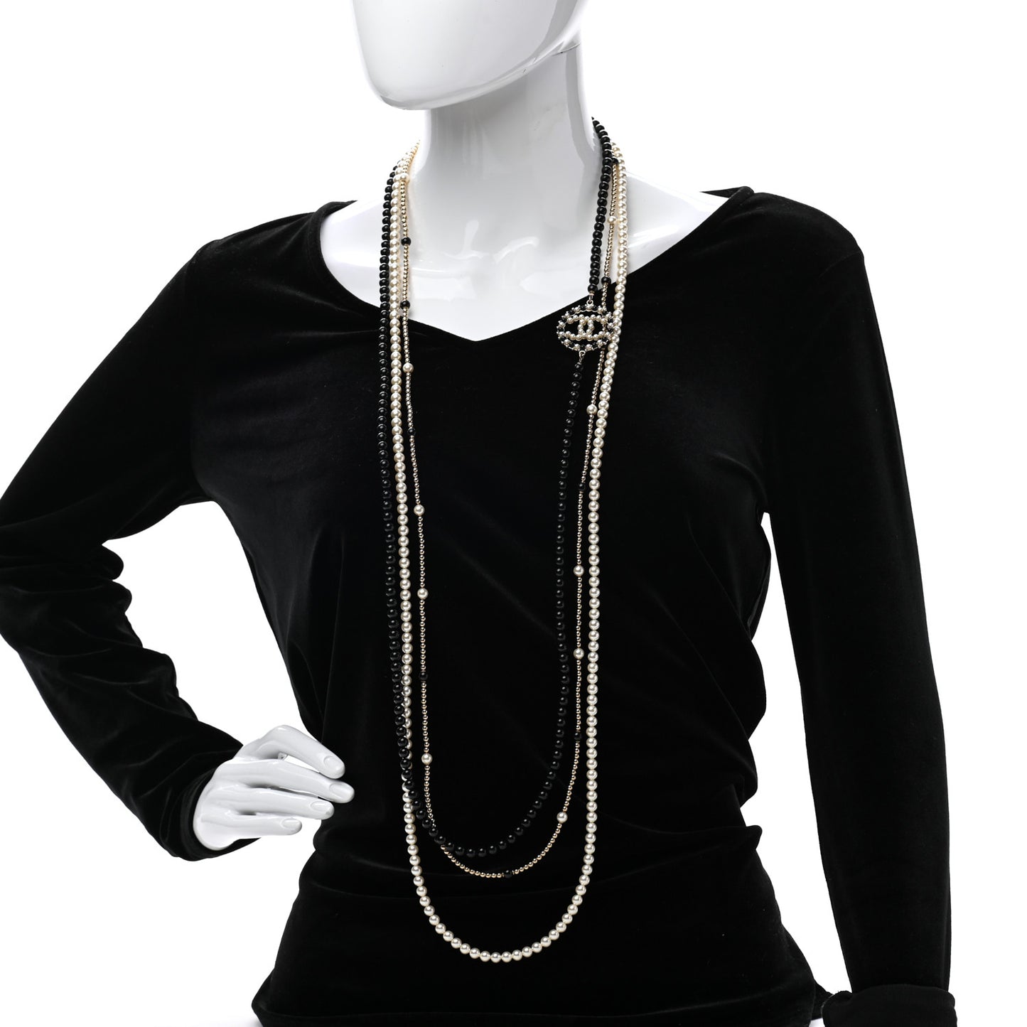 Pearl Resin Beaded CC Long Necklace Black Gold