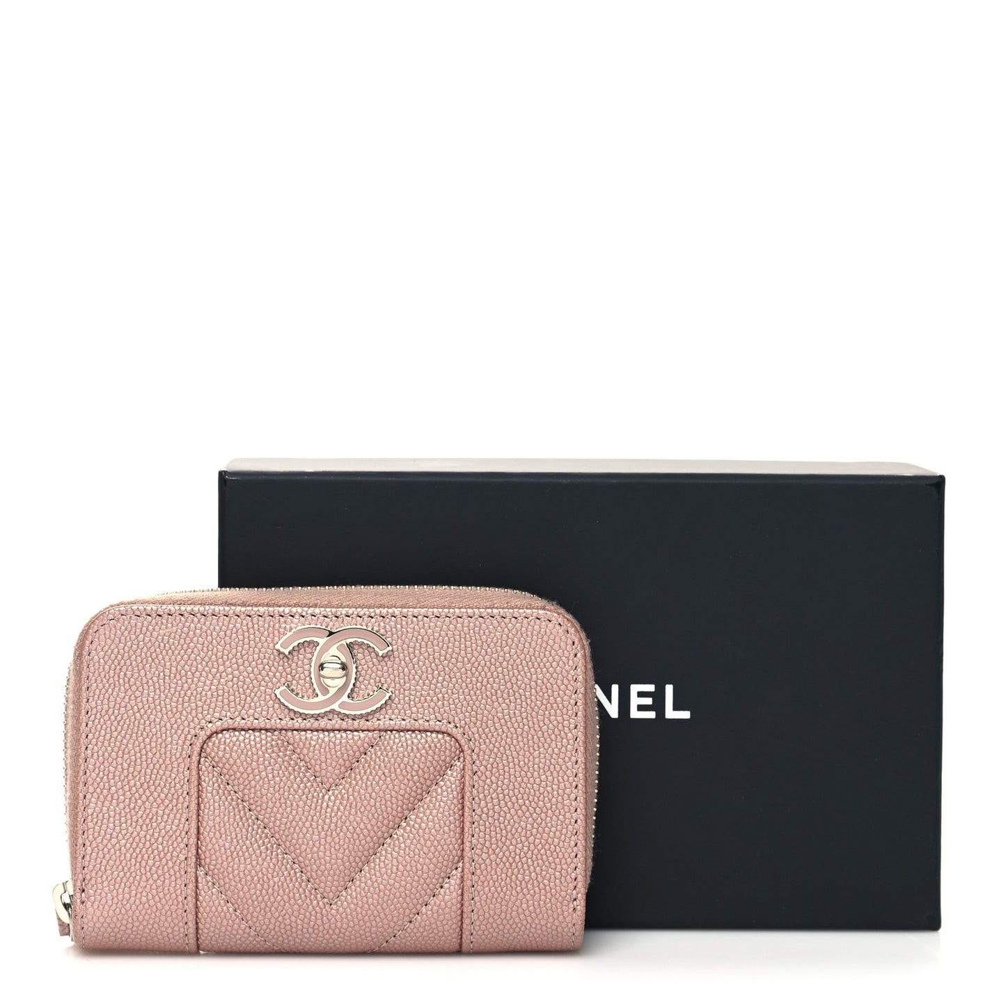 Metallic Caviar Chevron Quilted Vintage Mademoiselle Zip Coin Purse Pink