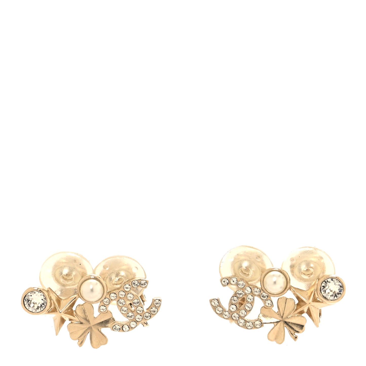 Crystal Pearl CC Star Clover Clip On Earrings Gold Pearly White