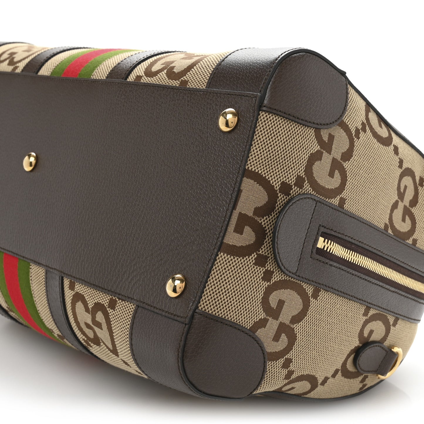Monogram Jumbo GG Textured Dollar Calfskin Web Medium Duffle Bag Camel Ebony
