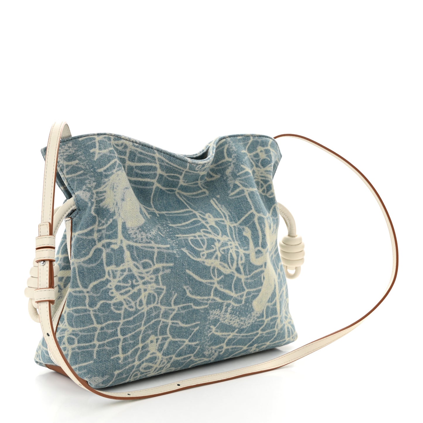 Denim Calfskin Mermaid Print Paula's Ibiza Flamenco Knot Bag Blue Tan