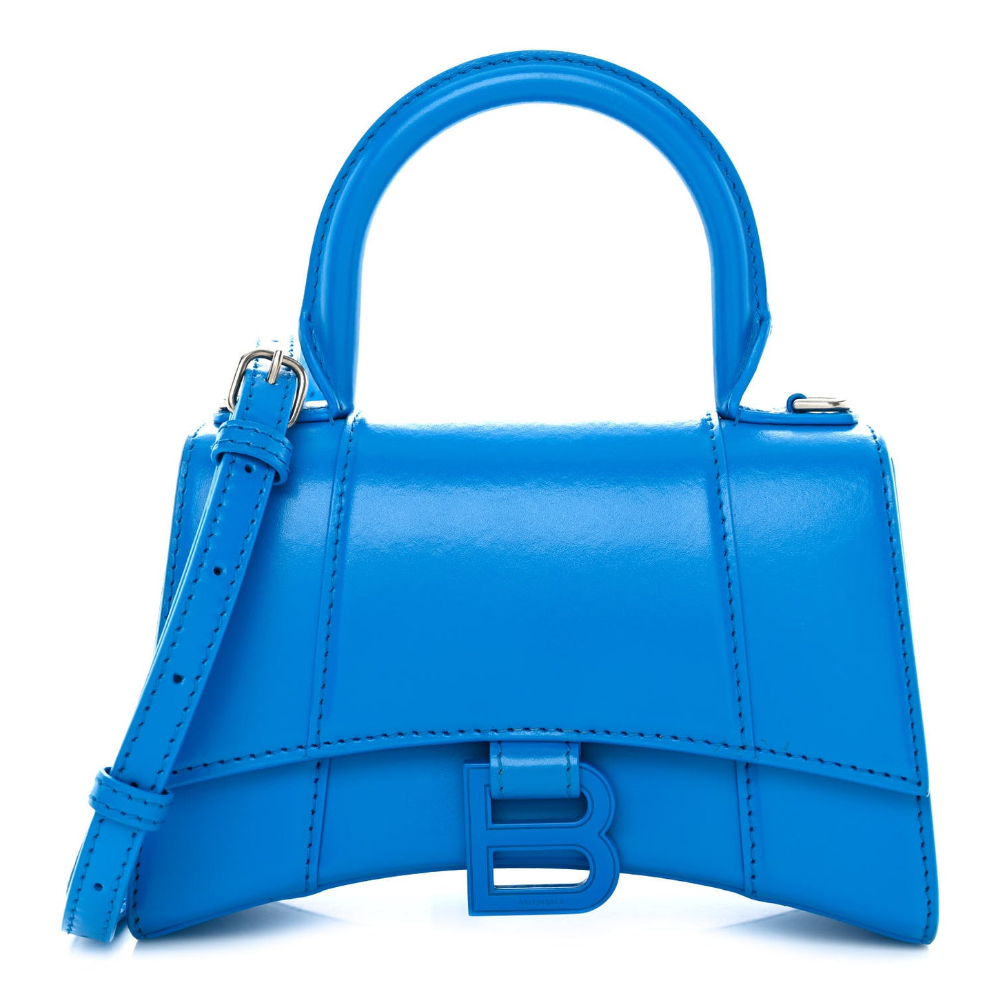 Shiny Box Calfskin Tonal B Hourglass Top Handle Bag XS Screen Blue