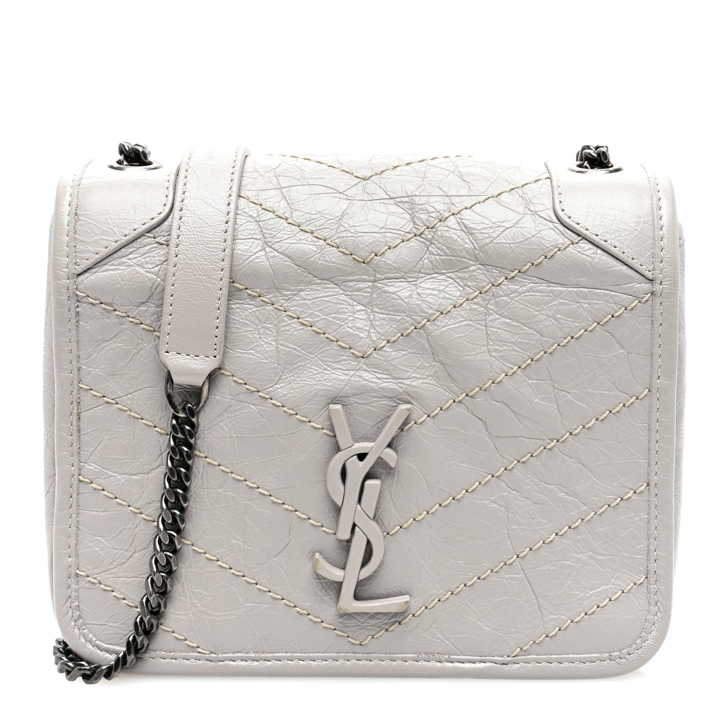 Crinkled Calfskin Matelasse Monogram Niki Chain Wallet Light Grey
